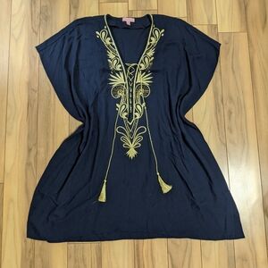 New?EXCELLENT Cond! Lilly Pulitzer Chai Caftan Dress Navy Gold Embroidery XXS/XS